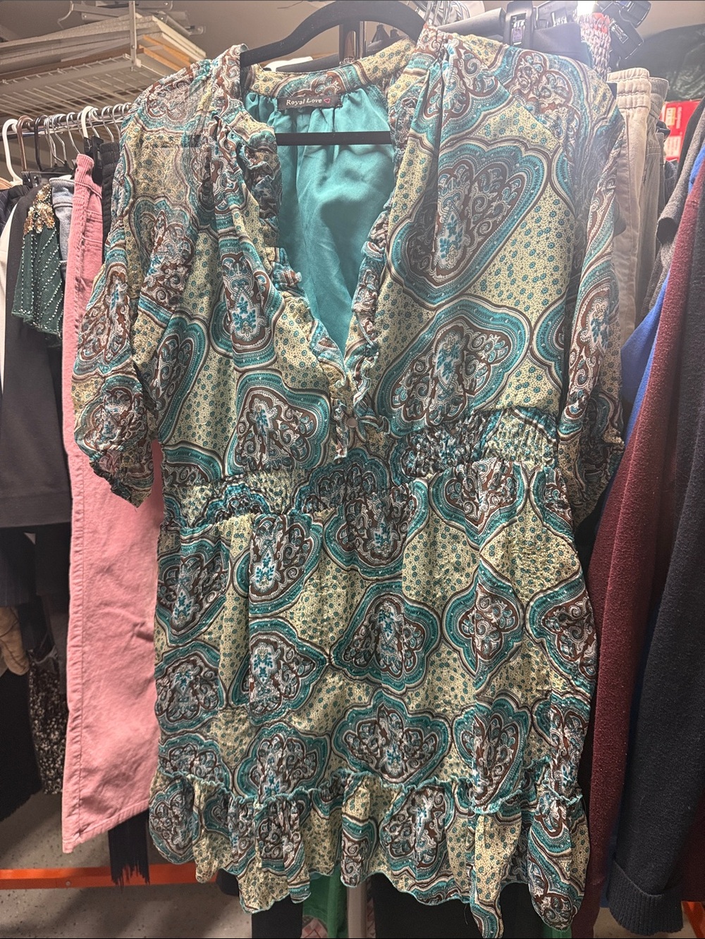 Paisley Smocked Waist Tunic Dress in Teal and Cream